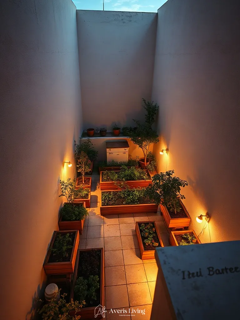 Visual hierarchy and zoning within an urban no grass backyard vegetable garden layout