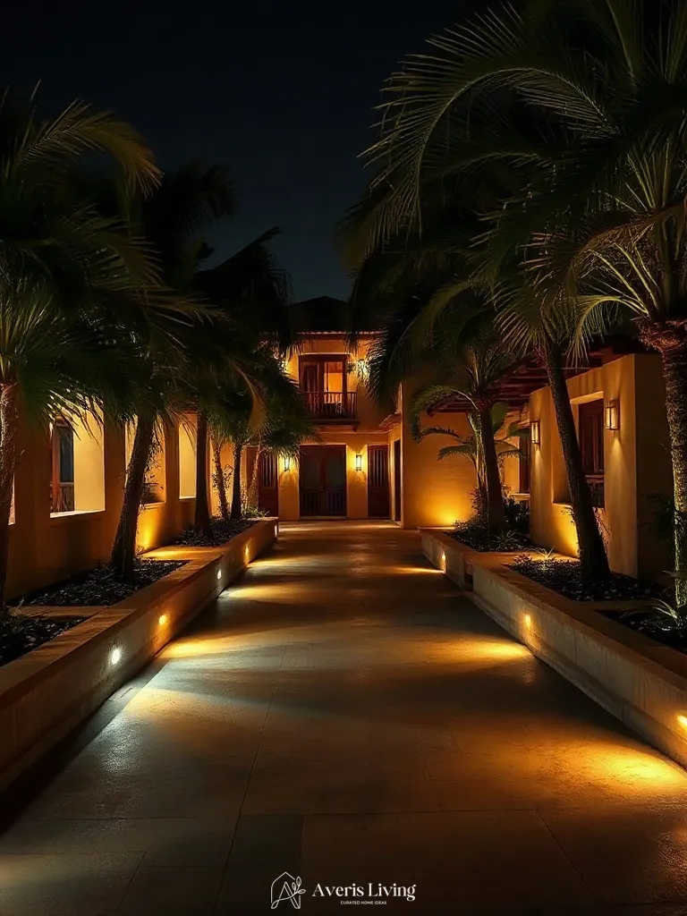 Low-voltage lighting illuminating a terraced tropical garden wall