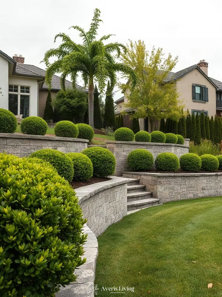 Retaining wall accented with evergreen shrubs