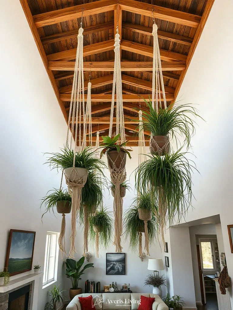 Exposed ceiling beams with hanging indoor plants in a boho living room