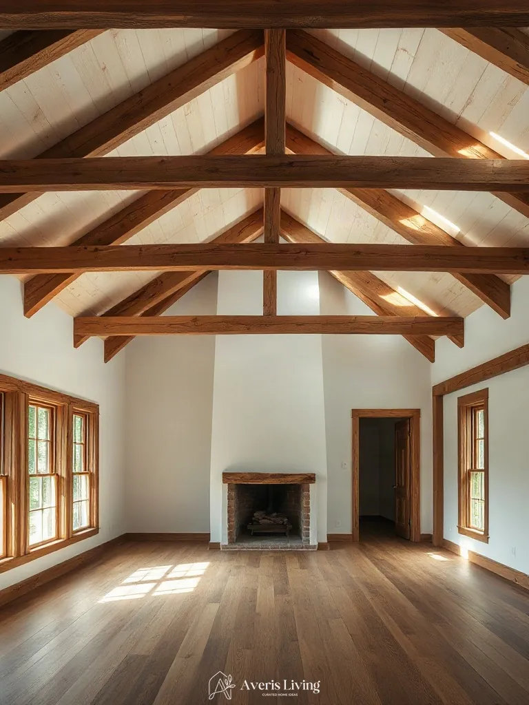 Exposed structural timber framing in a farmhouse master bedroom aesthetic