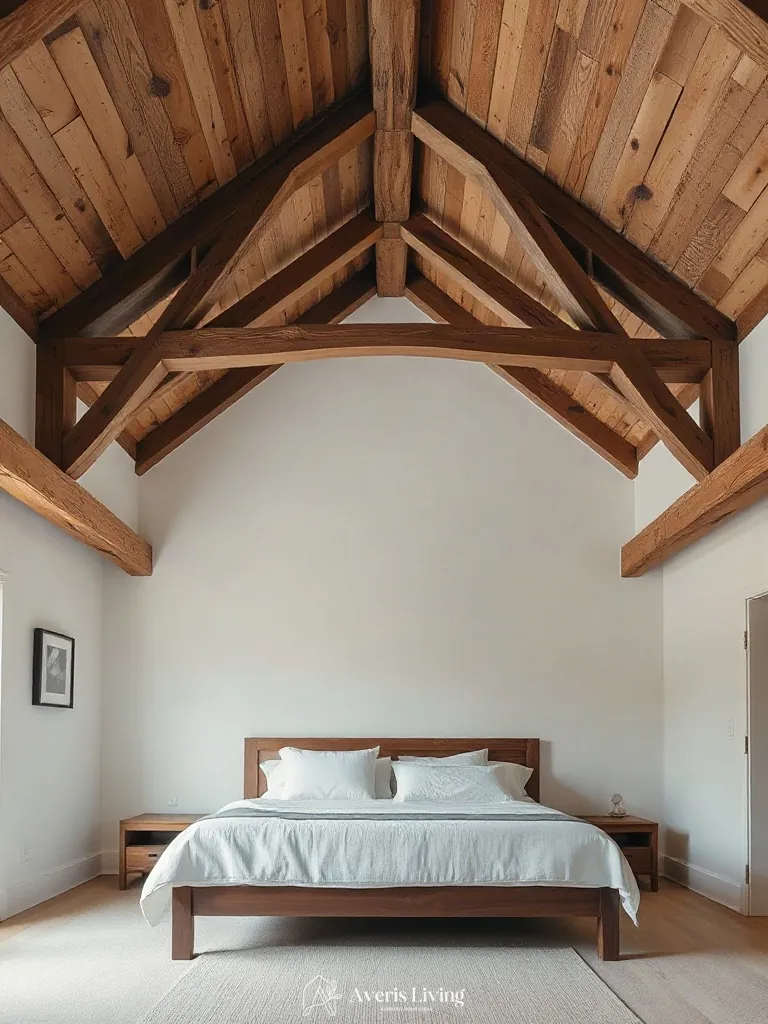 Exposed timber ceiling trusses arching over neutral farmhouse bedding sets