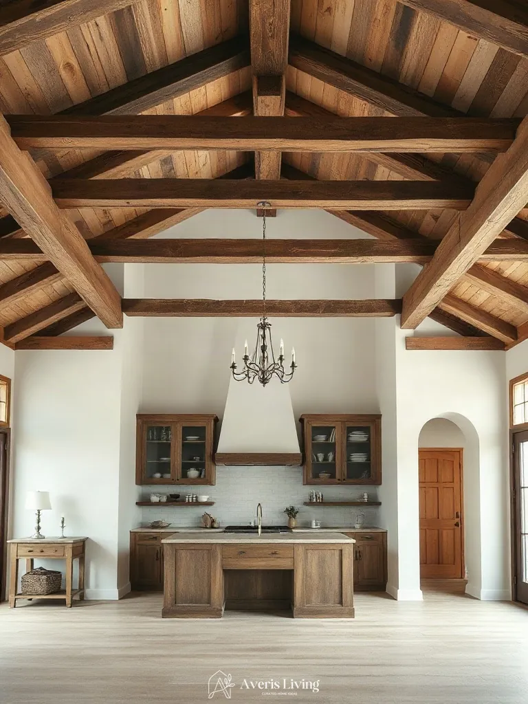 Exposed ceiling beams in an open shelving farmhouse kitchen