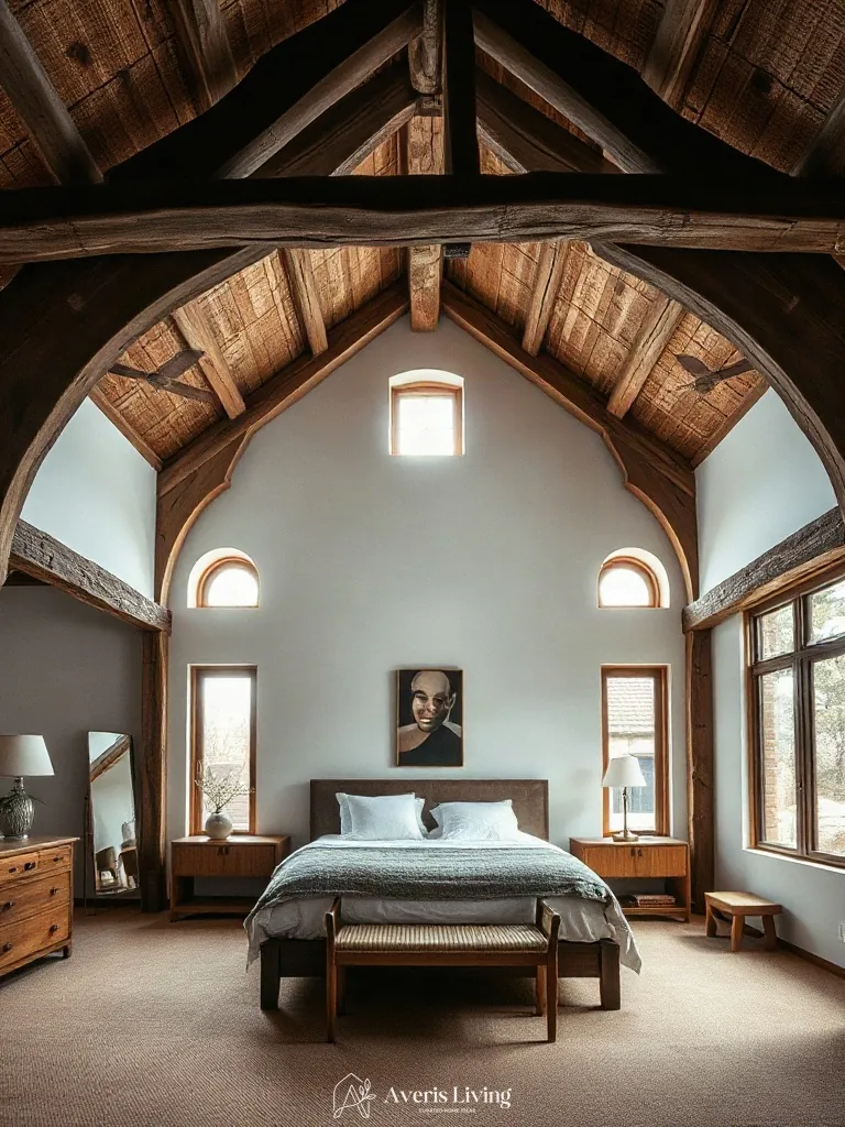 Exposed timber ceiling beams in an earthy boho bedroom aesthetic