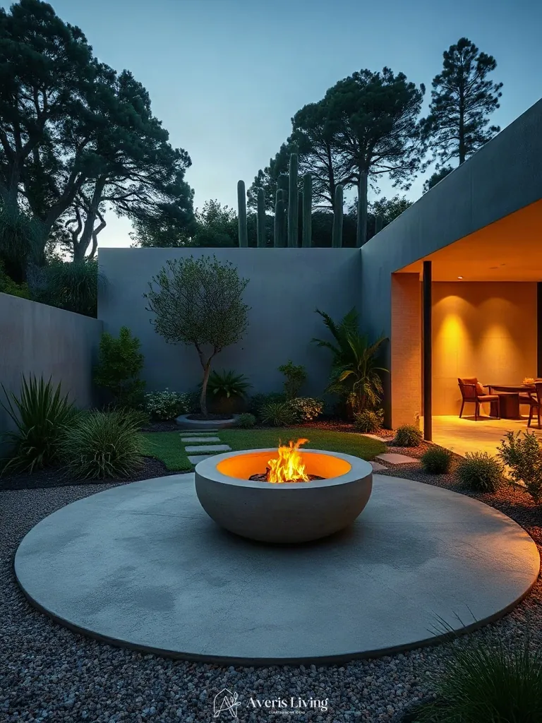 Modern fire feature in fairy backyard landscaping makeover