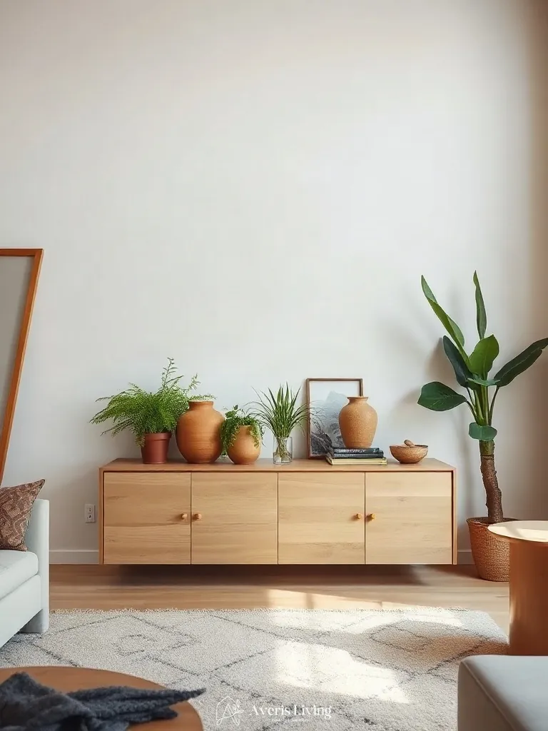 Floating credenza with indoor plants in a boho living room