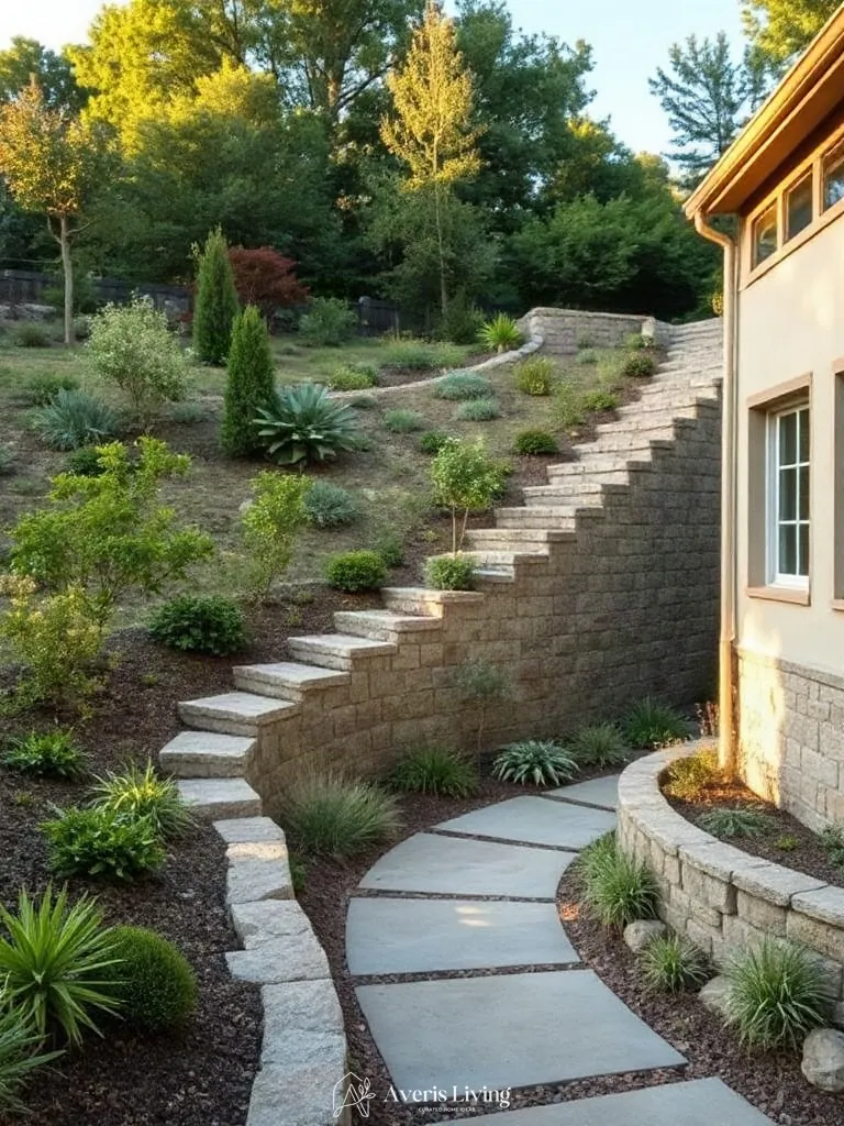Curved stone retaining wall in a lush landscape