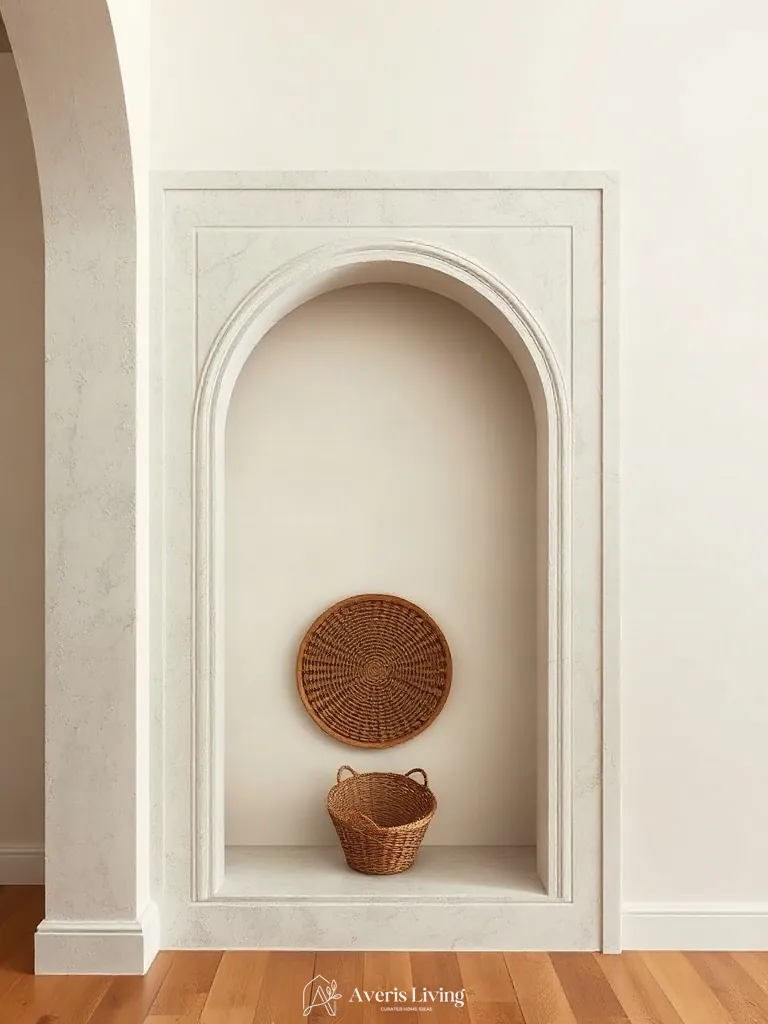 Fluted architectural niche showcasing a woven basket wall display.