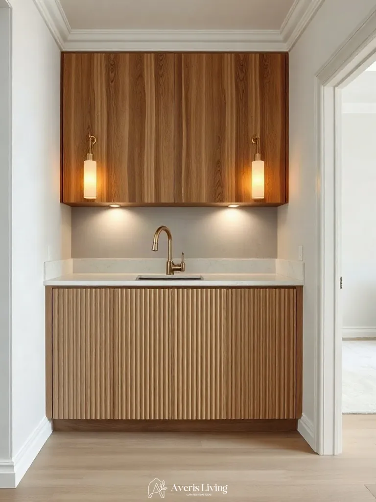 Fluted millwork details on under sink storage solutions kitchen cabinetry.
