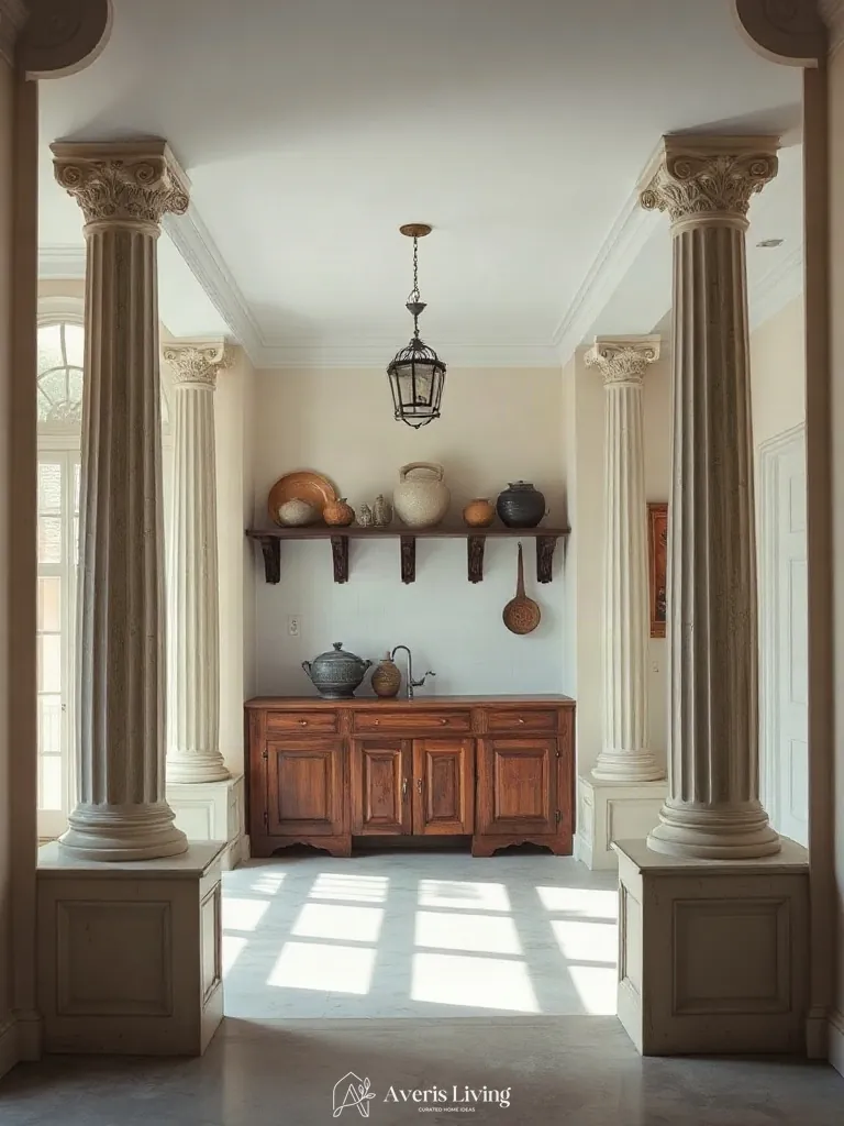 Fluted details framing vintage kitchen wall decor