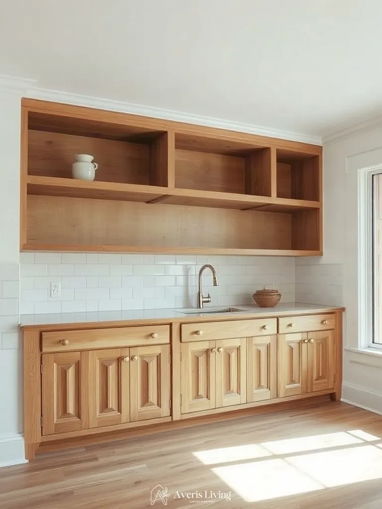 Fluted millwork details in an open shelving farmhouse kitchen