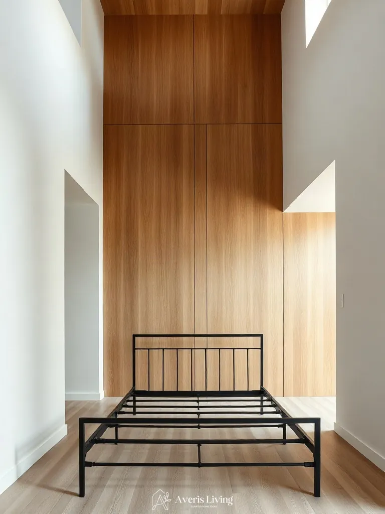 Fluted oak millwork detail enhancing iron bed frame styling