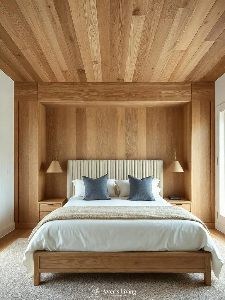 Fluted millwork headboard in a farmhouse master bedroom aesthetic