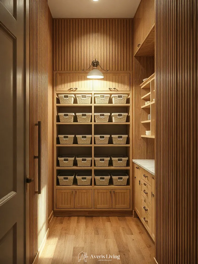 Fluted wall paneling backdrop for luxury pantry organization bins and labels.