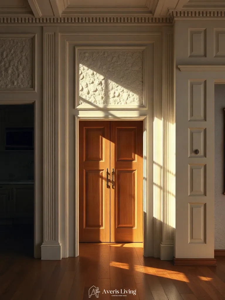 Fluted plaster architectural framing around budget kitchen storage units
