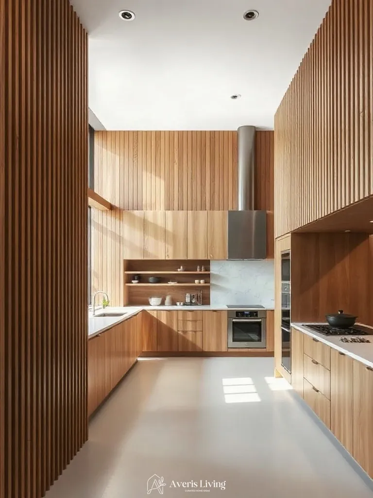 Fluted wood paneling housing modern magnetic spice rack ideas