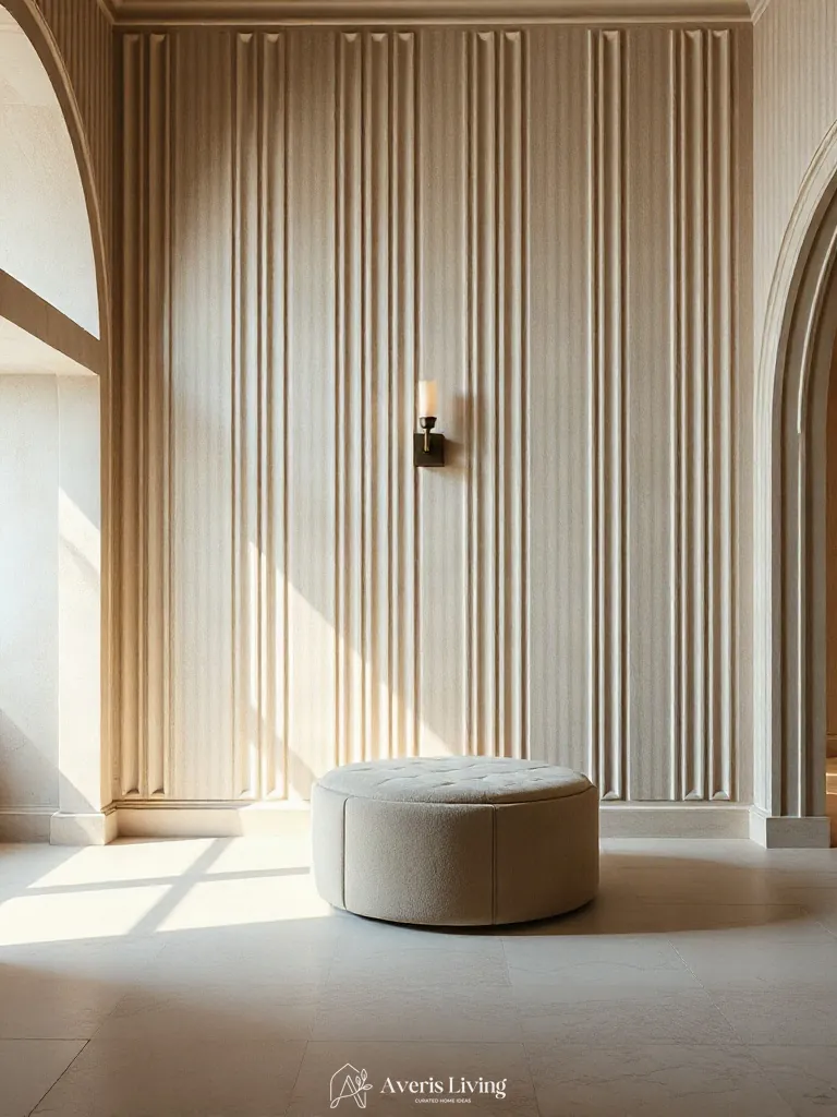 Fluted plaster accent wall framing a sculptural cylindrical storage ottoman