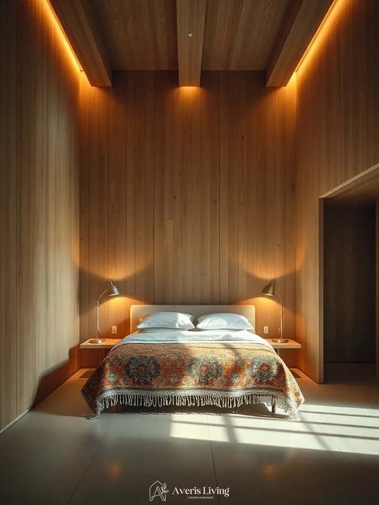 Fluted wall paneling behind colorful bohemian bedding