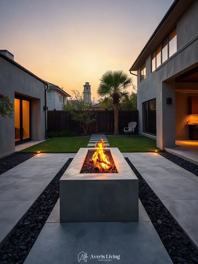 Modern concrete fire pit serving as a focal gathering space in the backyard