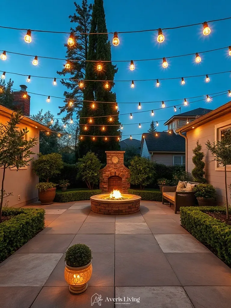 Backyard sightlines directed by an overhead string light arrangement
