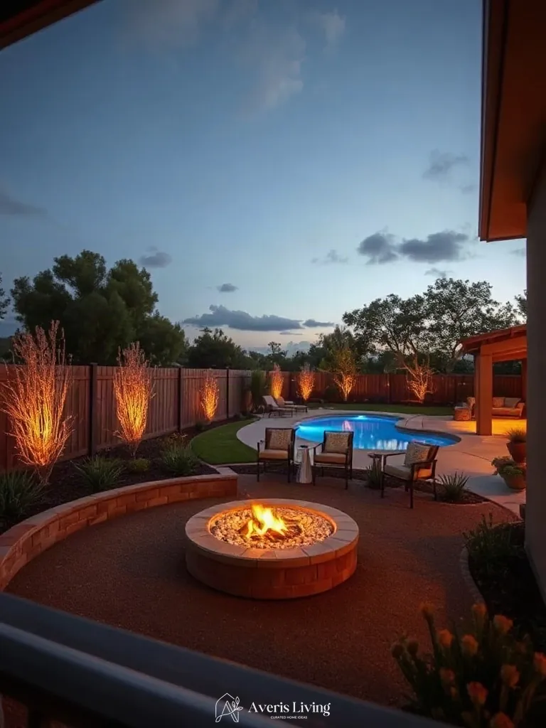 Circular fire pit and sightlines extending across lawn and pool in boho backyard privacy fence makeover