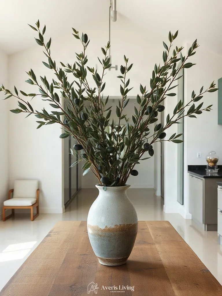 Foraged botanical branches in a vase on a rustic wood kitchen island.