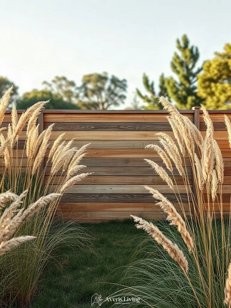 Ornamental grasses framing a horizontal cedar privacy fence