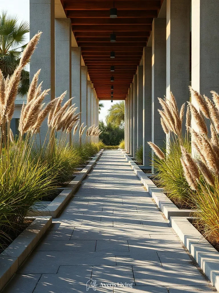 Pathways framed by ornamental grasses and tropical foliage