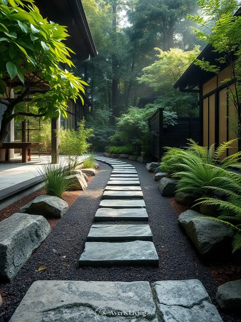 Framing shade backyard stepping stones before and after with shade-tolerant grasses
