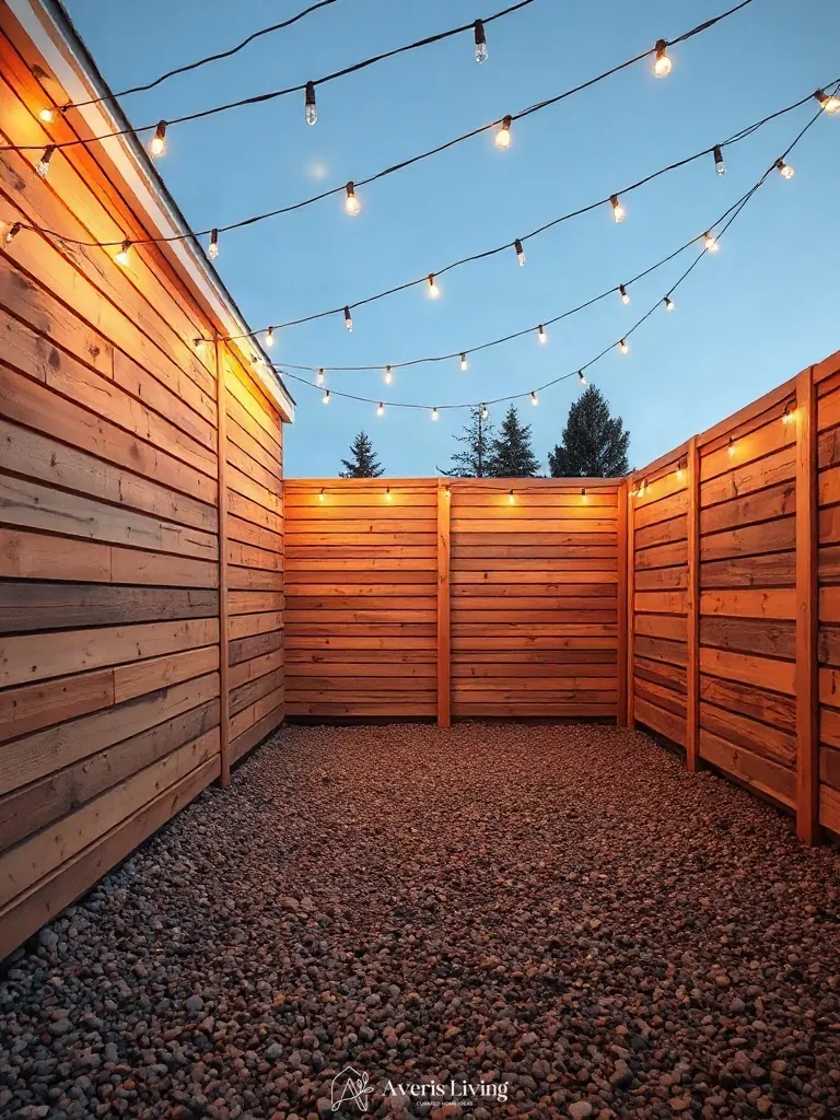 Cedar fence boundary framed by a clean string light layout