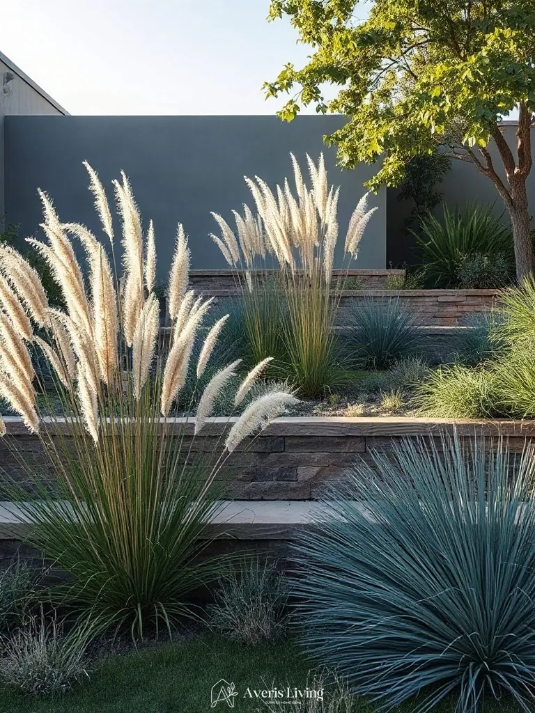 Ornamental grasses framing a drought tolerant backyard retaining wall
