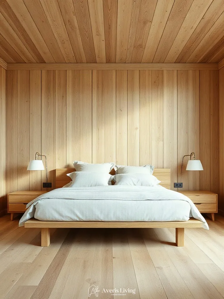 Custom vertical oak wall paneling framing a bed with neutral farmhouse bedding sets