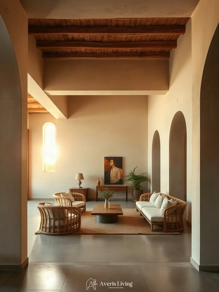 Architectural thresholds framing a refined rattan furniture living room styling setup