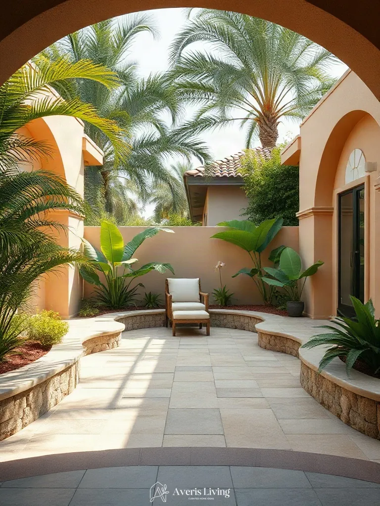 Sunken patio framed by tropical retaining walls