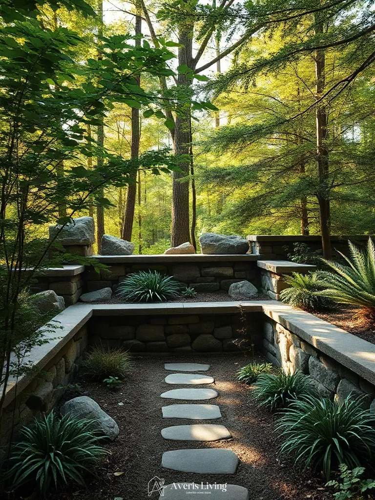 Shade-loving plants framing retaining wall