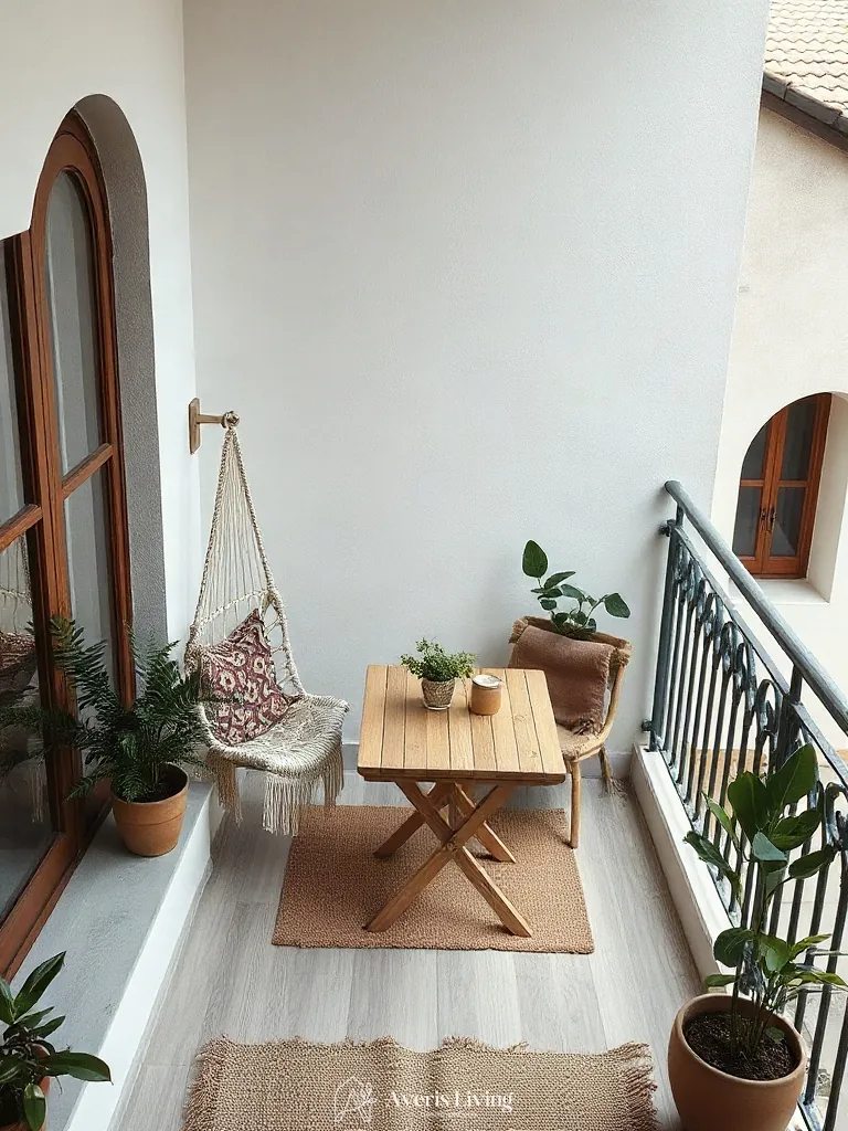 Functional zoning for bohemian balcony decor featuring distinct reading and dining areas.