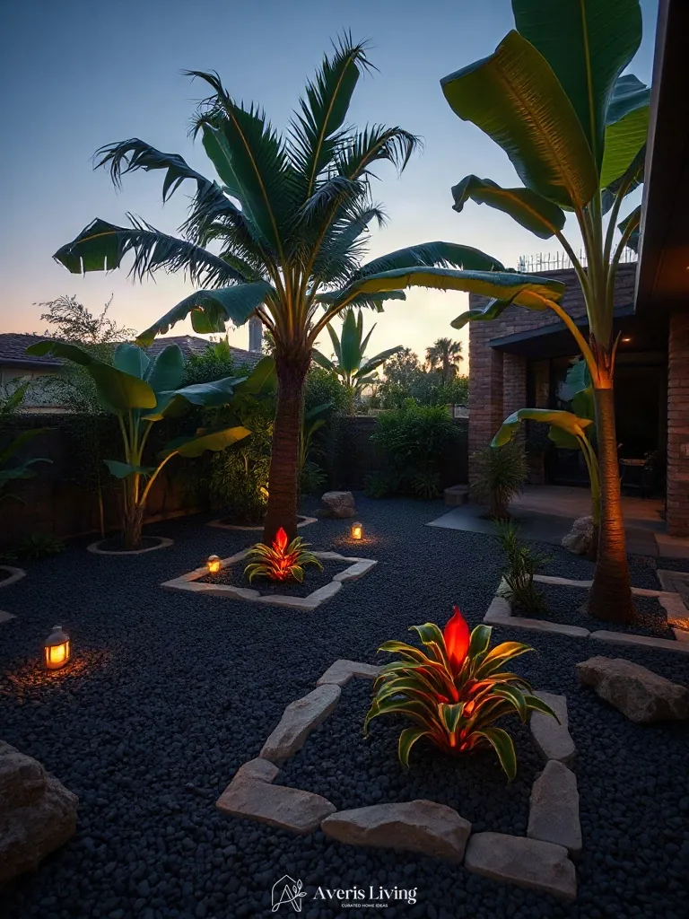 Zoned tropical backyard flower bed design inspiration with basalt gravel