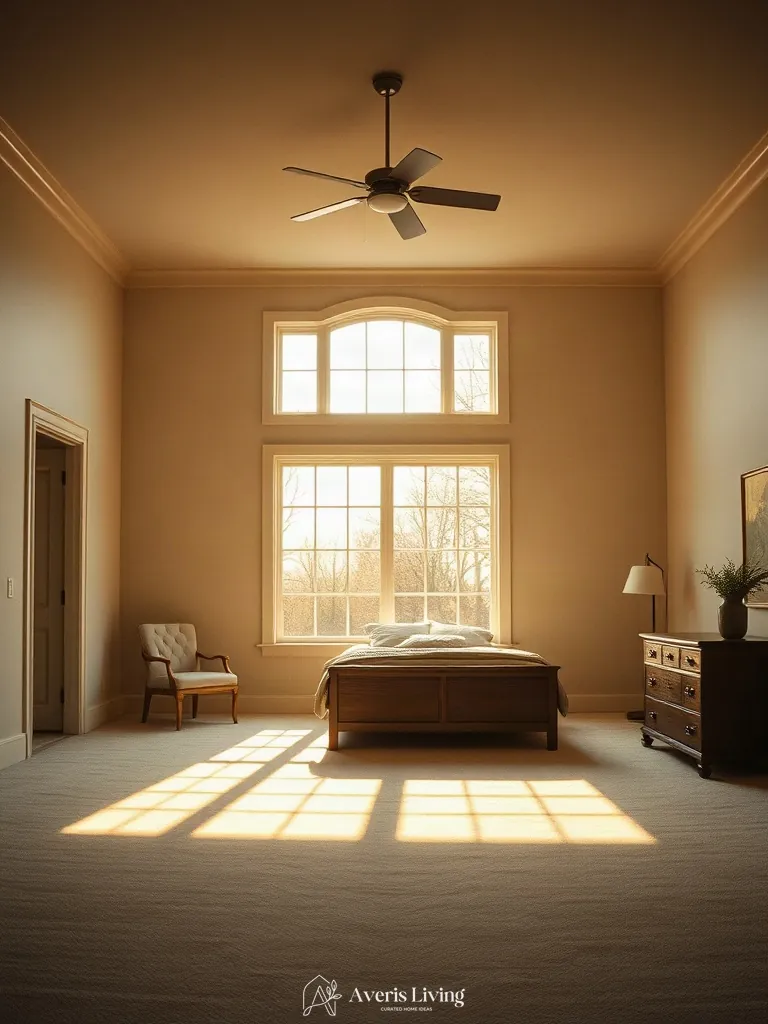 Golden hour natural sunlight in a farmhouse master bedroom aesthetic