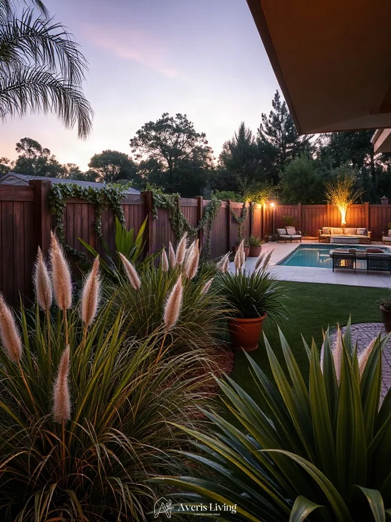 Ornamental grasses, palms, and vines softening privacy fence in boho makeover