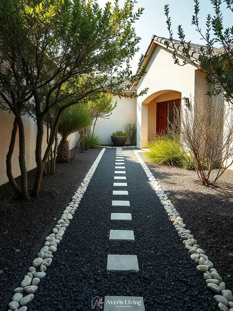 River pebble borders and drainage swales along a garden pathway