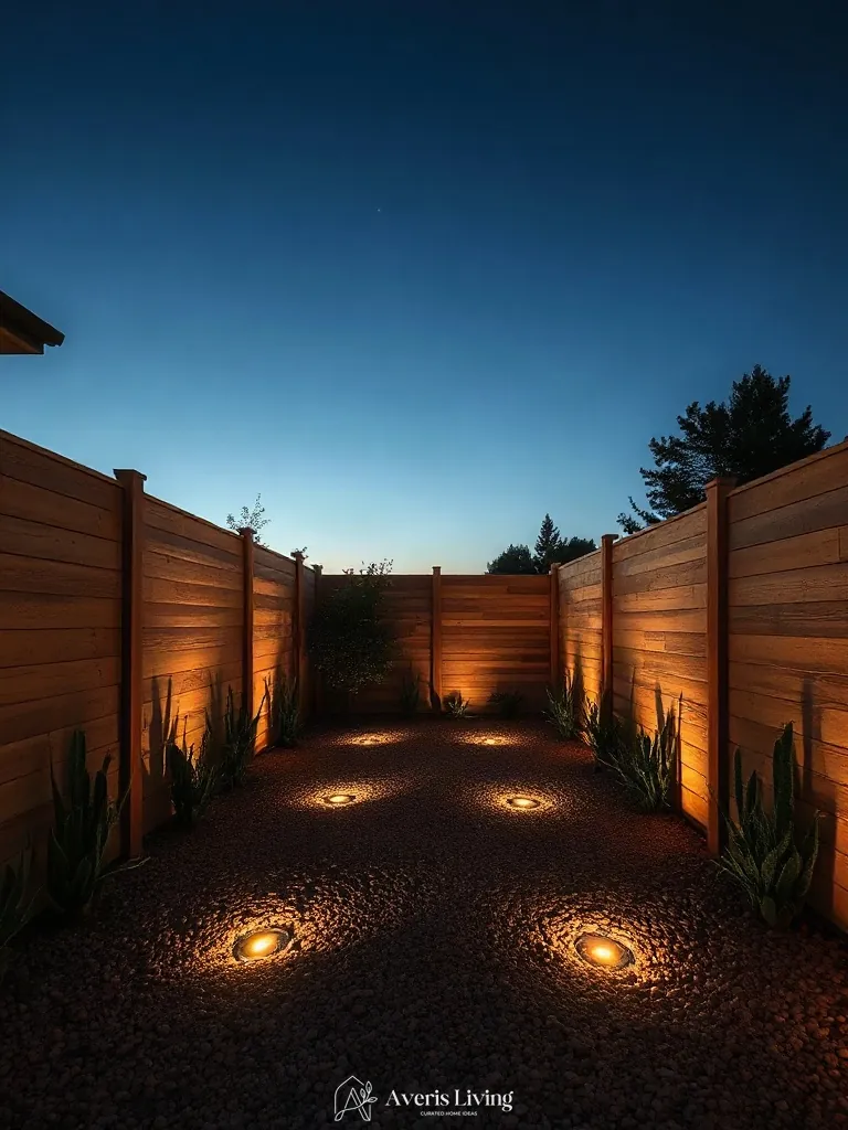 Recessed base uplights grazing aesthetic backyard privacy fence inspiration