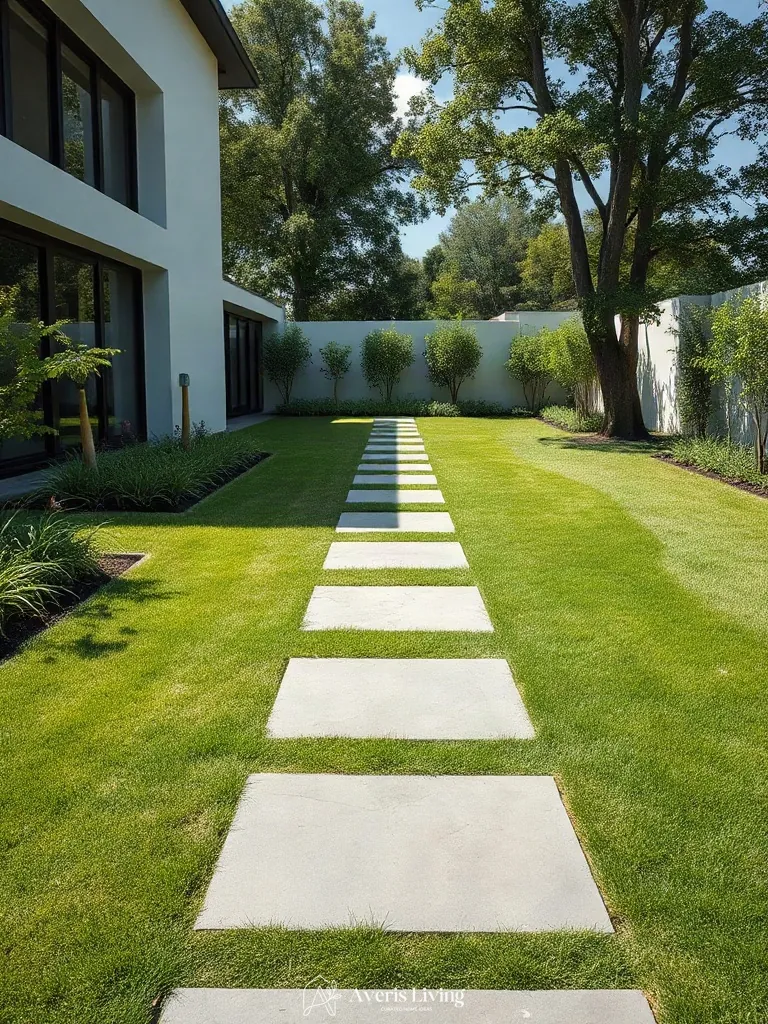 Modern backyard stepping stones design guiding movement across an open lawn