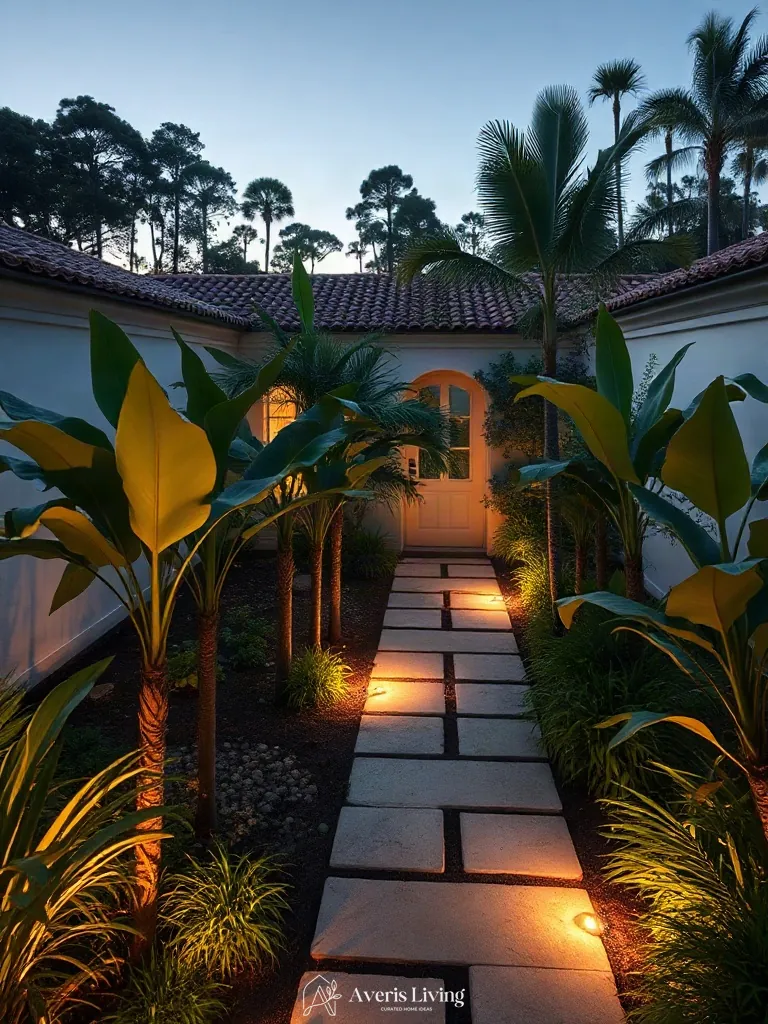 Low-voltage path markers in a tropical backyard herb garden before and after