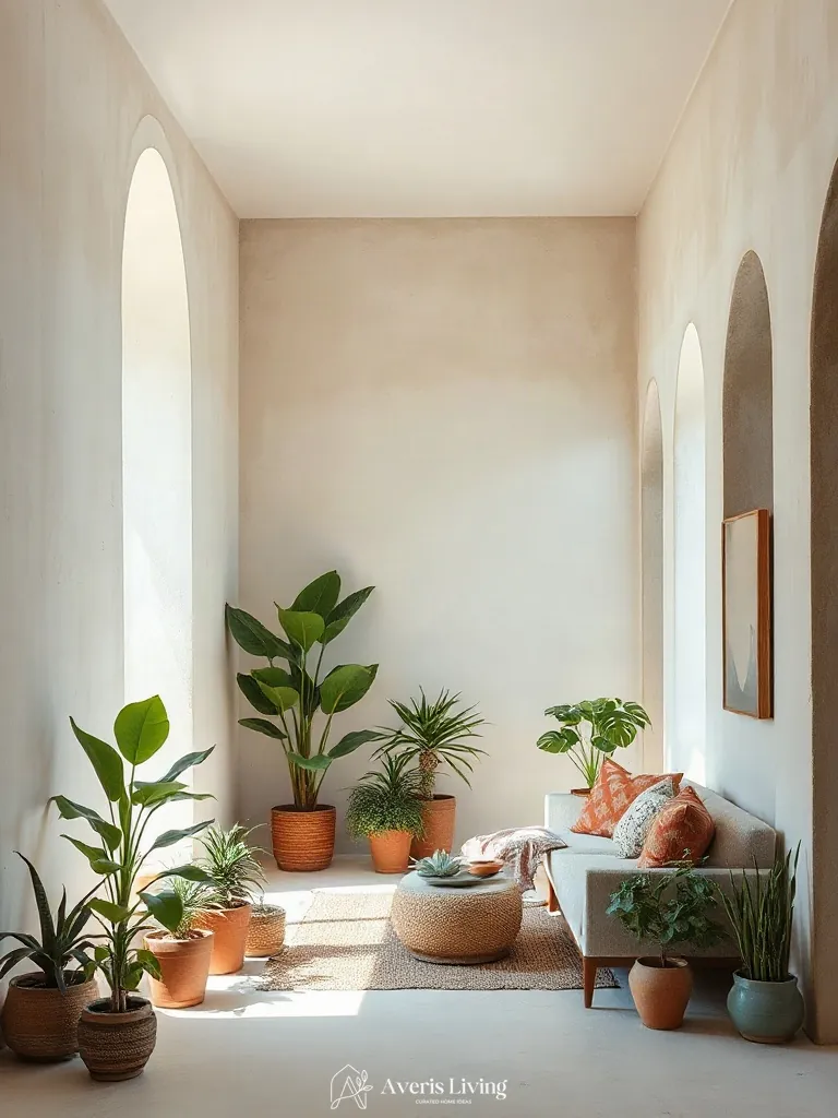 Venetian plaster walls and indoor plants in a boho living room