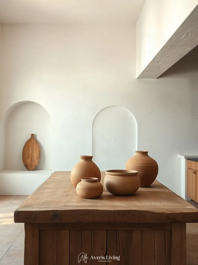 Handcrafted sculptural ceramics styled on a rustic wood kitchen island.