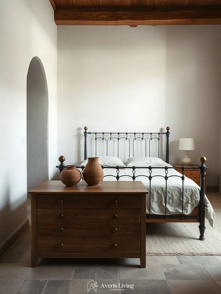 Sculptural ceramics complementing iron bed frame styling