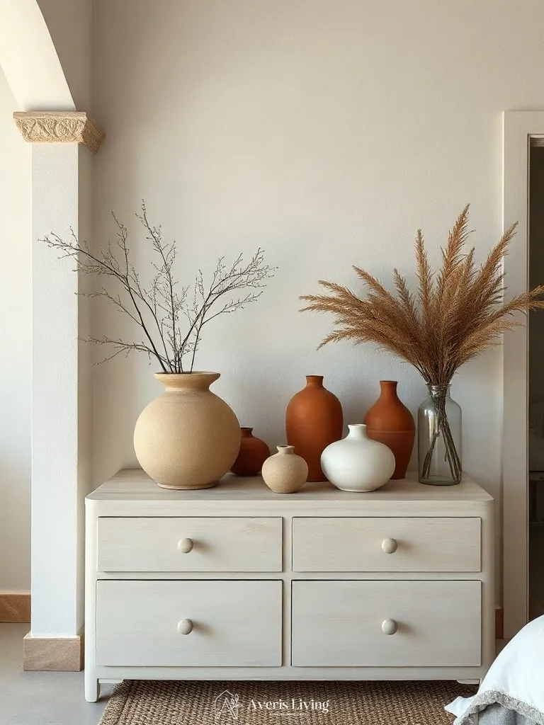 Handcrafted sculptural ceramics in a farmhouse master bedroom aesthetic