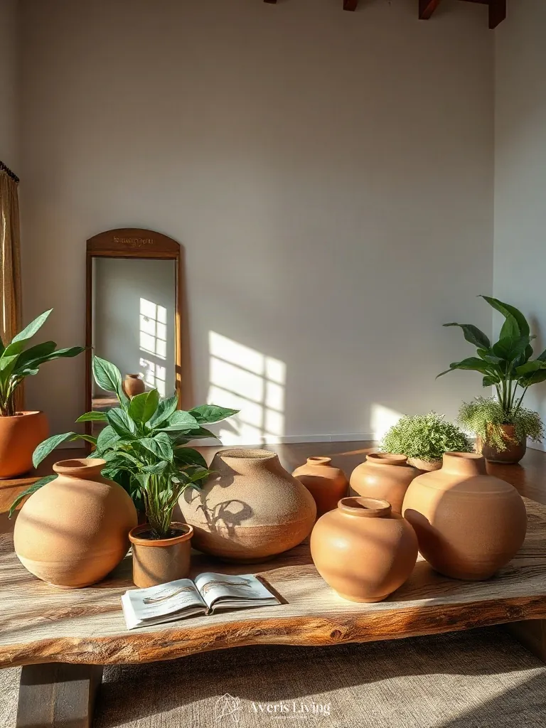 Handmade ceramics and indoor plants in a boho living room