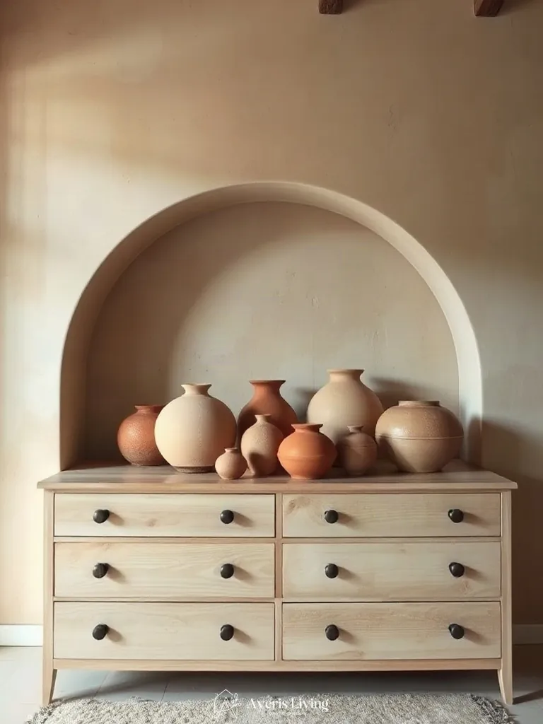 Sculptural ceramics in an earthy boho bedroom aesthetic
