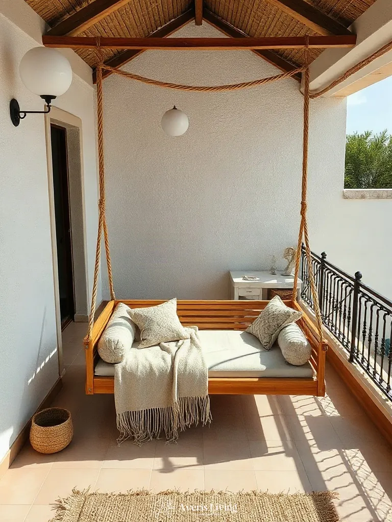 Hanging daybed centerpiece within a bohemian balcony decor design.